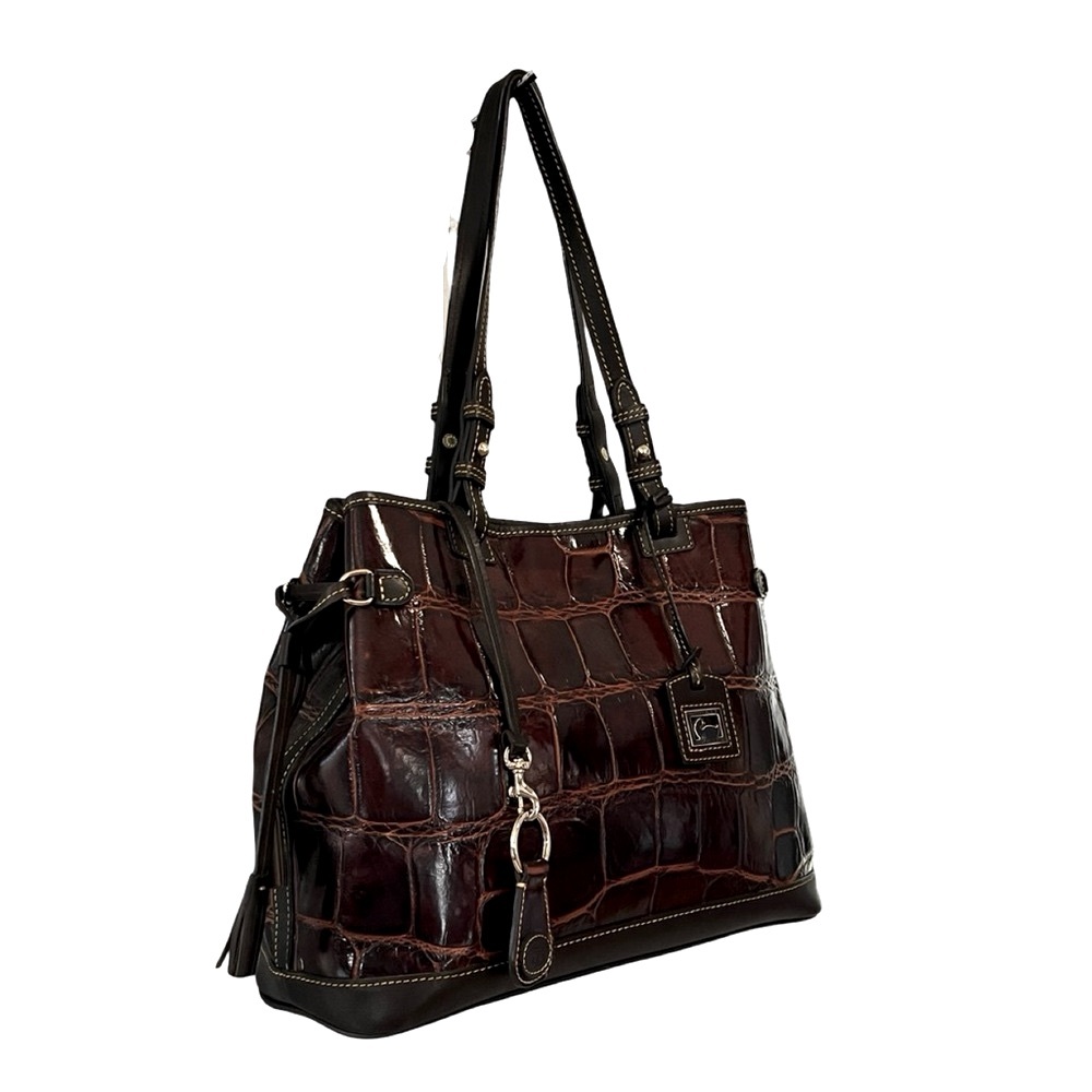 Dooney & Bourke Croco Embossed Genuine Leather Double Strap Tassel Bag Satchel - Picture 4 of 14